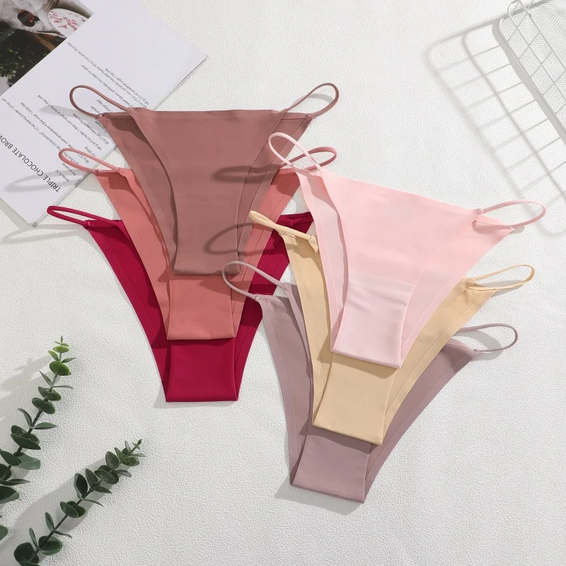 4PCS/Set Seamless Thin Strap Thong Underwear Women Low Rise Briefs Ice Silk Comfortable Panties Multi Color No Trace Lingerie
