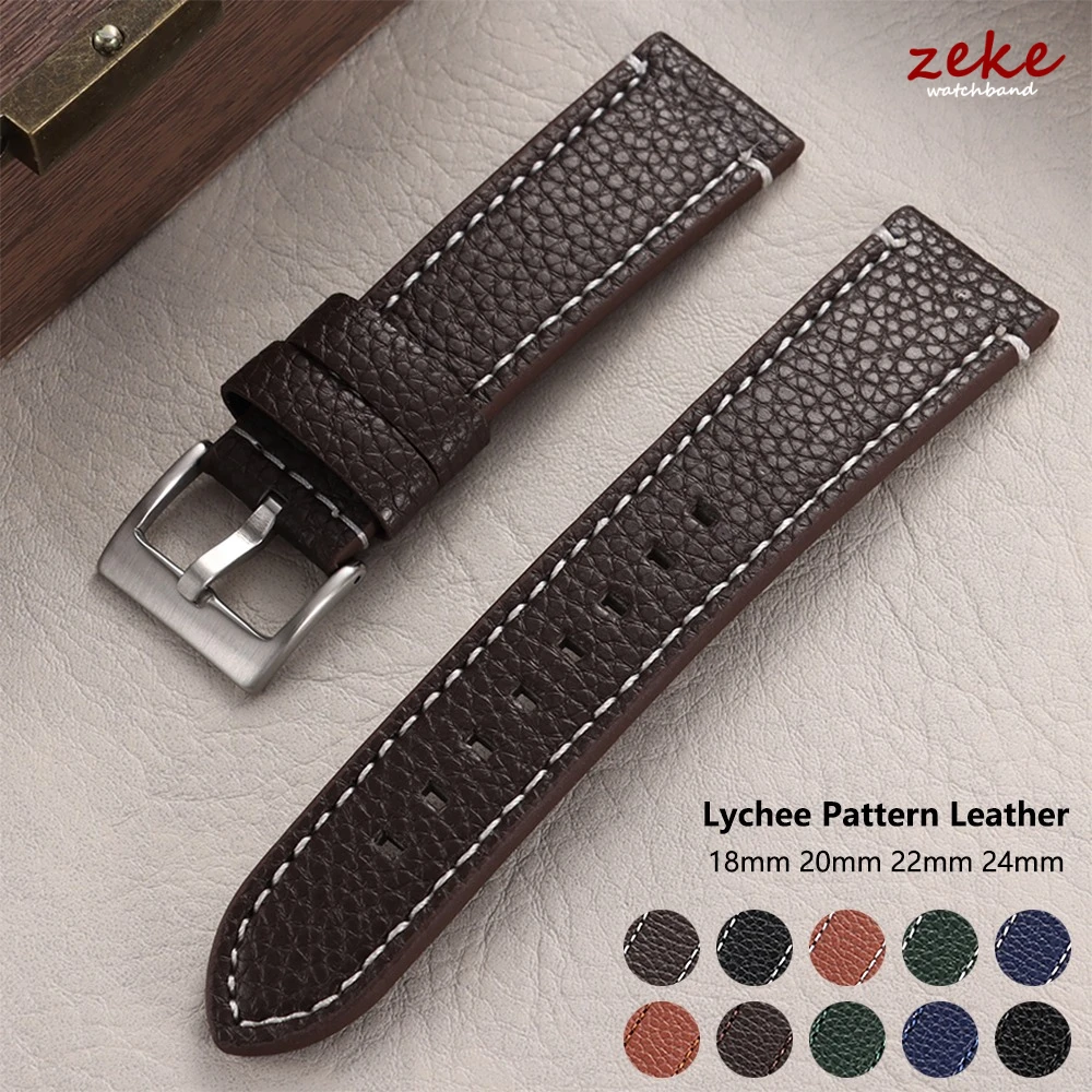 Leder-Uhrenarmband mit Lychee-Muster, universelles braunes Armband, 18 mm, 20 mm, 22 mm, 24 mm, genähte Uhrenarmbänder für Herren und Damen, Accessoires