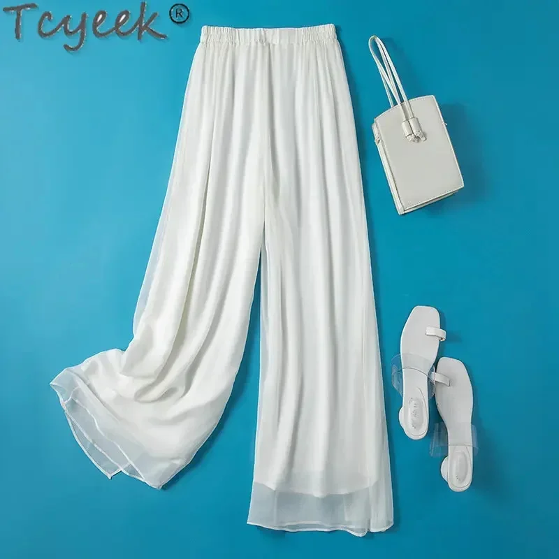 Tcyeek-pantalones de pierna ancha con cintura elástica para mujer, ropa fina de seda Real de morera, pantalones hasta el tobillo, moda de verano