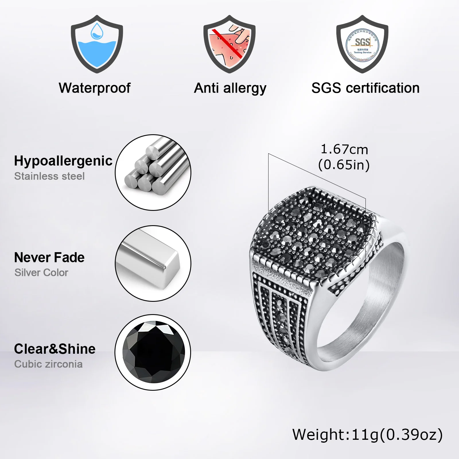 Vnox 16.7mm Biker Signet Ring for Men, Stanless Steel Geometric