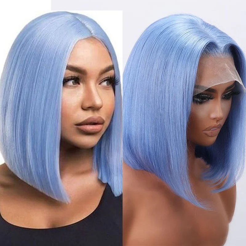 Women Sky Blue Bob Wig Lace Front Wig Synthetic Short Straight Bob Wig Glueless