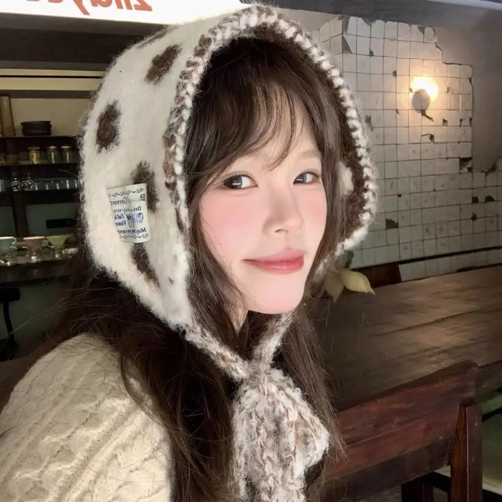 Fashion Knitted Earmuff Hat Scarf Polka Dot Strap Tie Earmuff Hat Multifunctional Earflap Earflap Headwear Women Girls