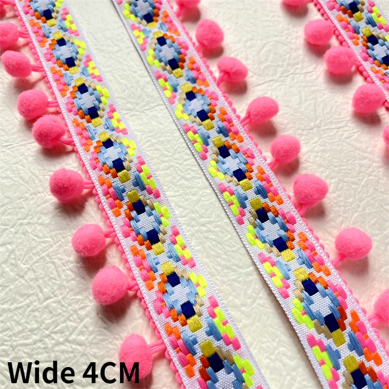 4CM Wide Pink Plush Balls Tassel Embroidery Lace Ethnic Style Pompom Fringe Ribbon Edge Trim For Curtains Clothing Sewing Decor