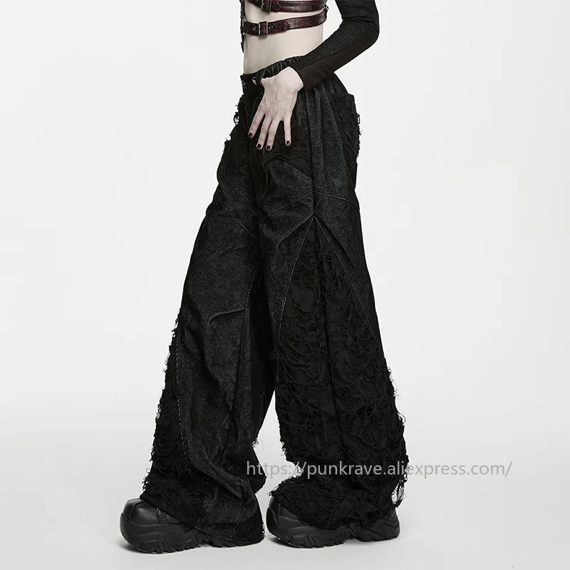 PUNK RAVE Women's Punk Wrinkle Resistant Handsome Pleated Pants Side Perforated Mesh Multi-piece 3D Splicing Club Loose Trousers