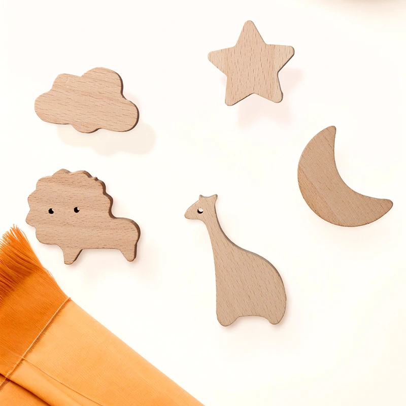 Wooden Drawer Hooks Pulls Animal Moon Star Cloud Hook Wall Keychain Coat Hook Home Wardrobe Wood Hook Hanger Kitchen Accessories