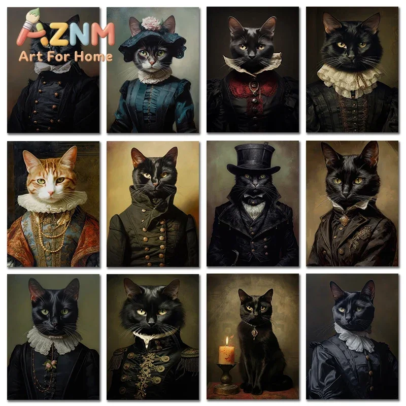 Vintage Renaissance Cat Portrait Black Cat Victorian Gothic Poster Canvas Painting Wall Art for Living Room Home Decor Frameless