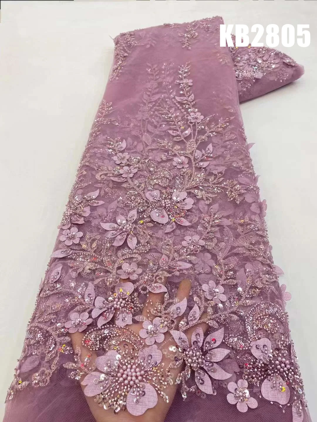 Rose Gold 3D Flower Beaded Lace Fabrics Luxury Sequins Beads Evening Dress 2025 French Lace Fabrics Embroidery For Sewing KB2805