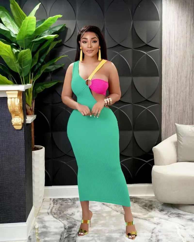 2025年夏ファッション セクシーでエレガントなパーティー、プロム、ホリデー、旅行に最適な女性用マルチカラースリムノースリーブミディ丈ワンピース（スリーシスターズ）