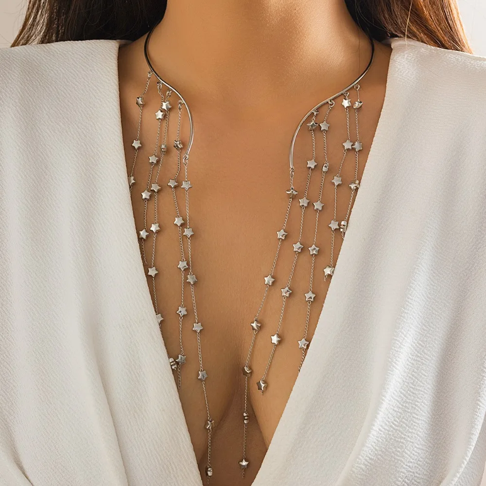 Imitation Pearl Long Tassel Star Necklace Chest Chain Goth Crystal Sequin Pendant Exaggerated Punk Collar Open Torques Choker