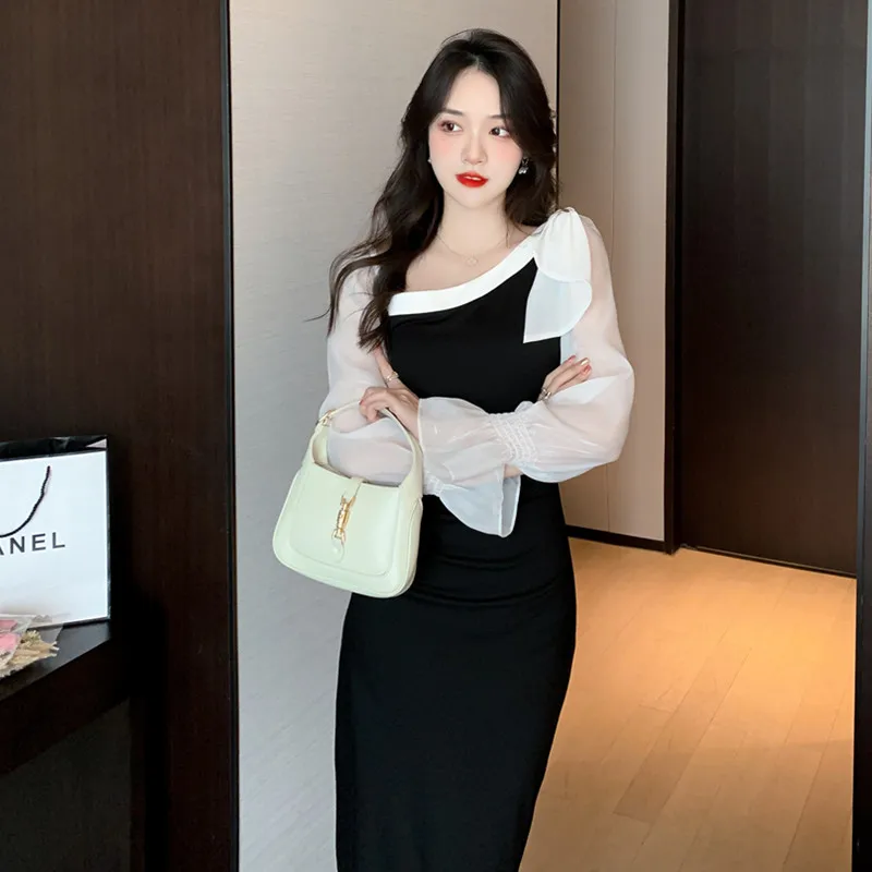 Autumn Vintage Party Black Dresses Women Korean Elegant Chic Diagonal Collar Office Lady Long Sleeve Patchwork Bow Midi Dress