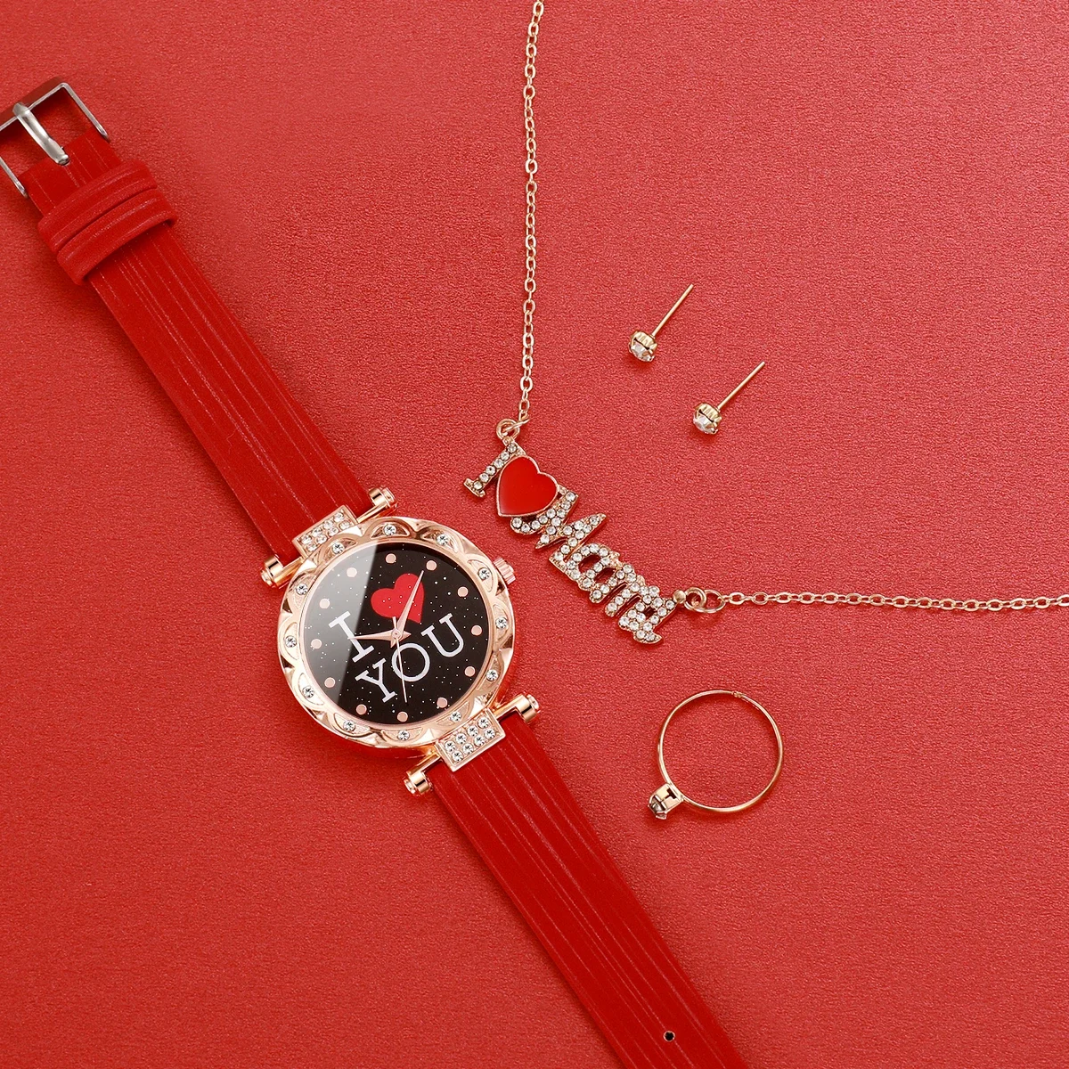 5 pçs/set moda feminina relógio strass pulseira de couro relógios de quartzo conjunto de jóias de diamante presente para a mãe