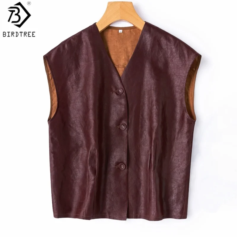 Birdtree, 100% Silk Craquelure Tank Top, Sleeveless Vest, Single Breasted, Women Xiangyunsha Retro Top, 2026 Autumn New T69114JF