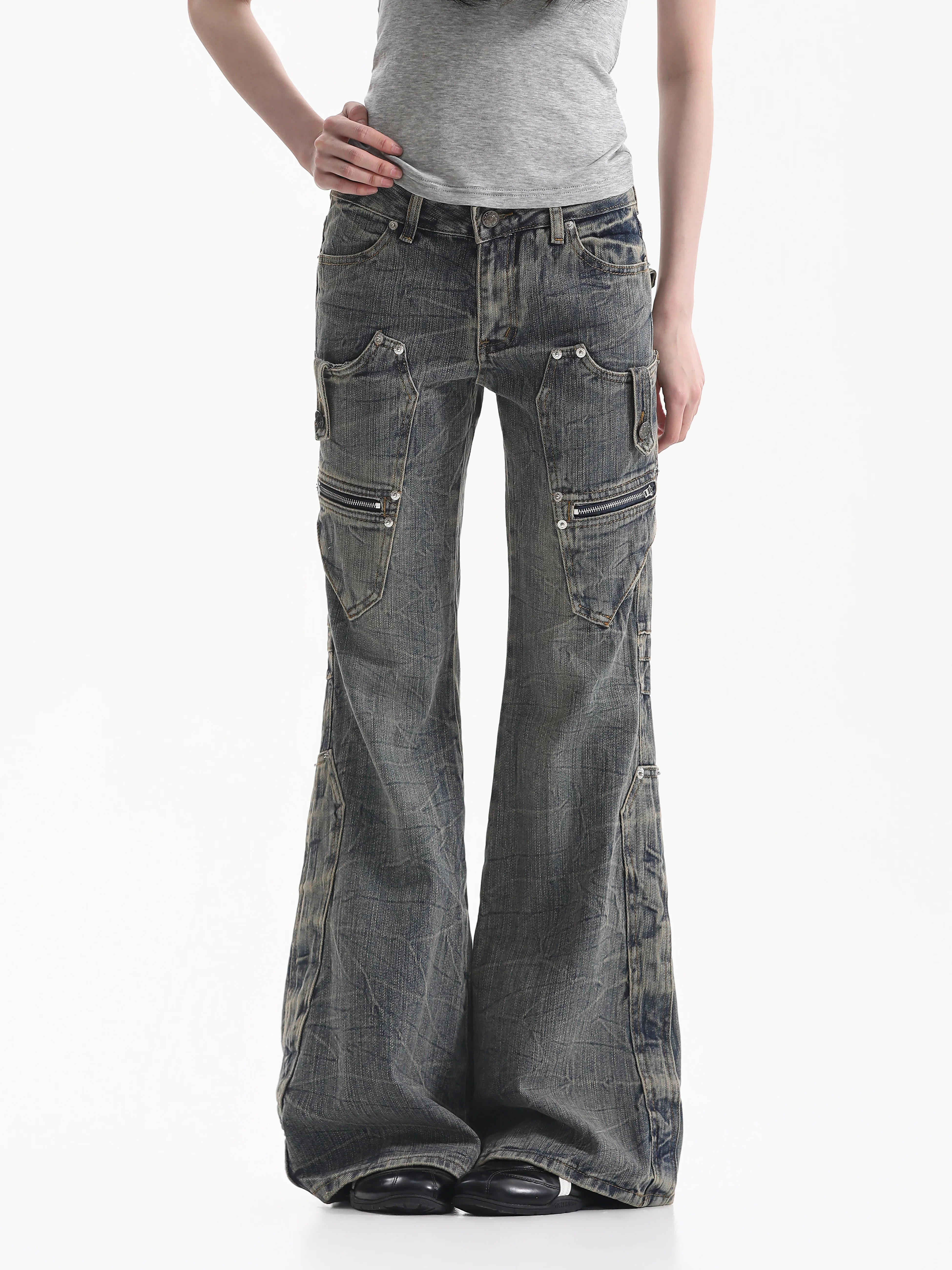 Washed Denim Micro Flared Pants Women's Multi Pocket Pleated Design American Style Lightweight Casual Jeans Loose Fit Jeans