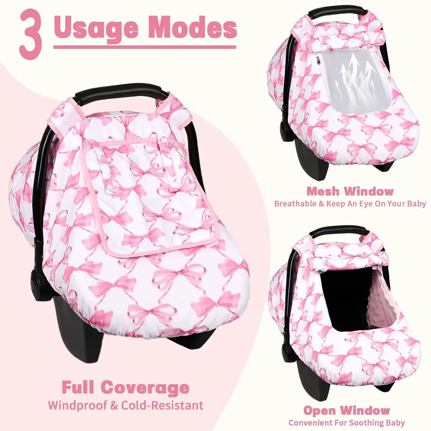 Infant Car Seat Canopy Windproof Sun Protection Cover With Breathable Mesh Window Minky Dot Lining Universal Stroller Shade For Road Trip Camping Outdoor Travel Newborn Baby Girl Boy Pink With Bow
