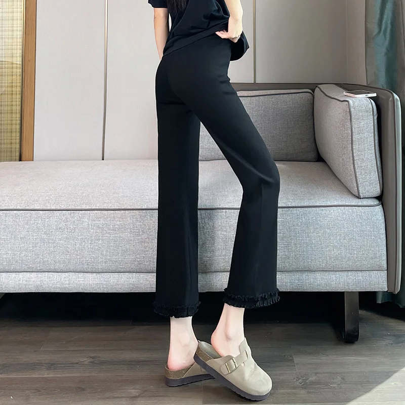 Slim Fit Women's Micro Flared Pants Elastic Black Bottoms Wood Grain Edge Casual Straight Leg Long Trousers Comfortable