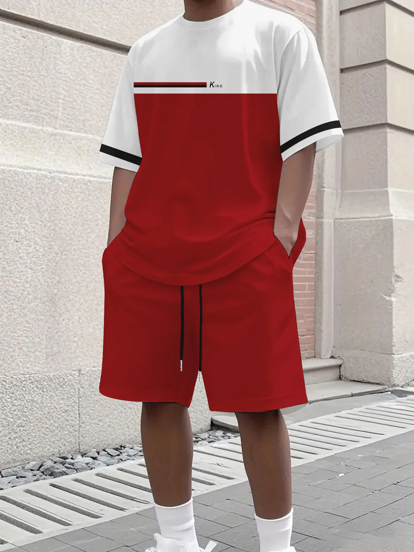 

Men's Color Block Minimalist Athletic Casual Drawstring Shorts Short Sleeve Moisture Wicking Matching Set