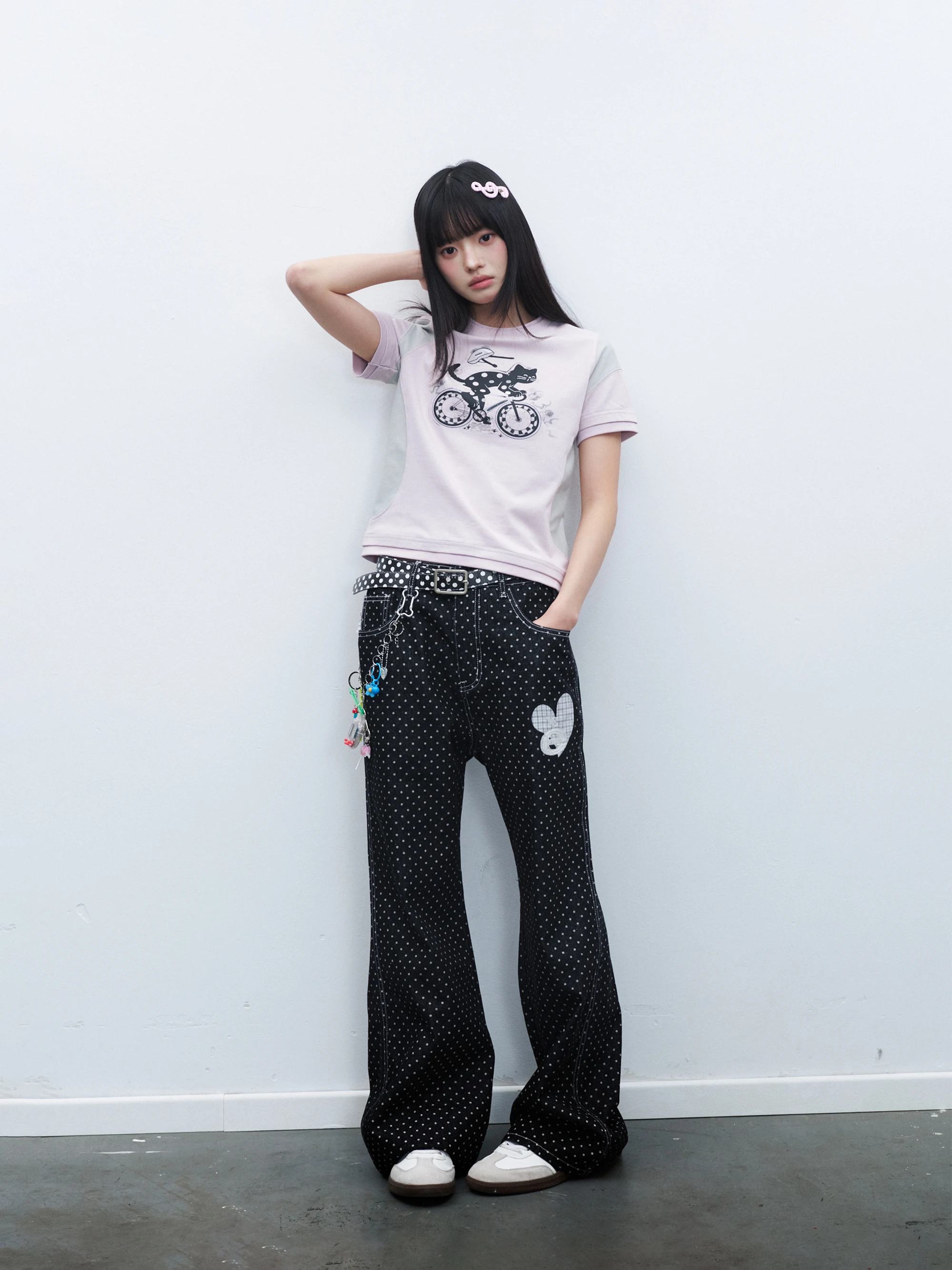 Sweet Heart Patch Embroidered Polka Dot Denim Jeans Straight Leg Long Trousers Design Sense Print Couple Student Youth Standa...