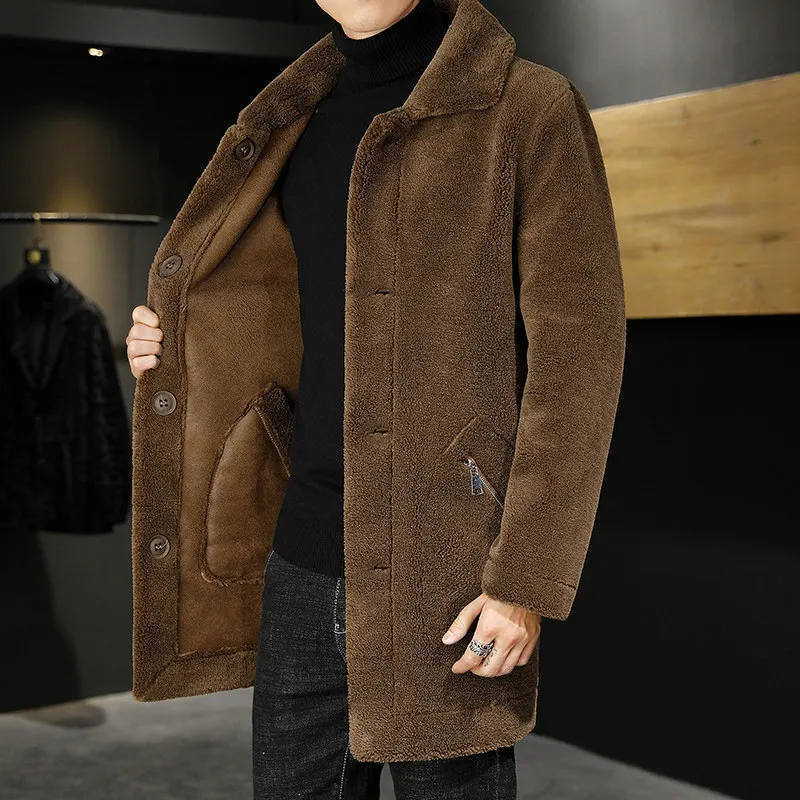 

Men's Mid-Length Thiened Fce Lined Double-Sided Wear Leather Fur Inteated Particle Fce Coat Deer Skin Suede