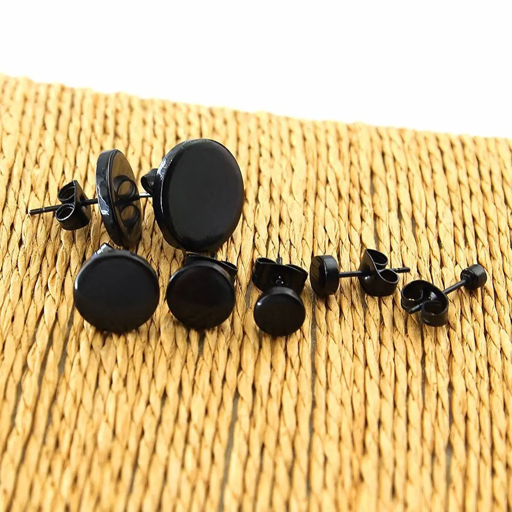 Newest Fashion Black Round Shaped with Butterfly Clasp Push Ear Studs Stainless Steel Earrings for Women Men Earrings