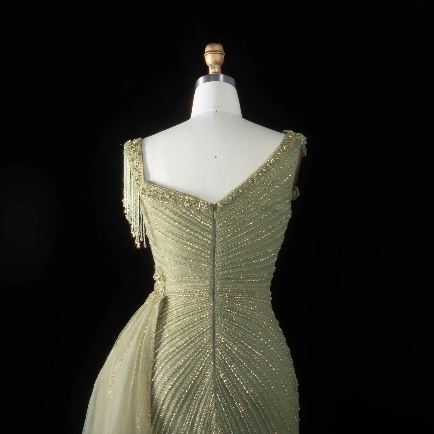 Sharon Said Abendkleid Glamouröses Grünes Tüllkleid mit Perlen und Quasten, Sweetheart-Ausschnitt, Luxuriöses Dubai-Formelles Hochzeits- und Partykleid SS103 Maßanfertigung – Detail 11
