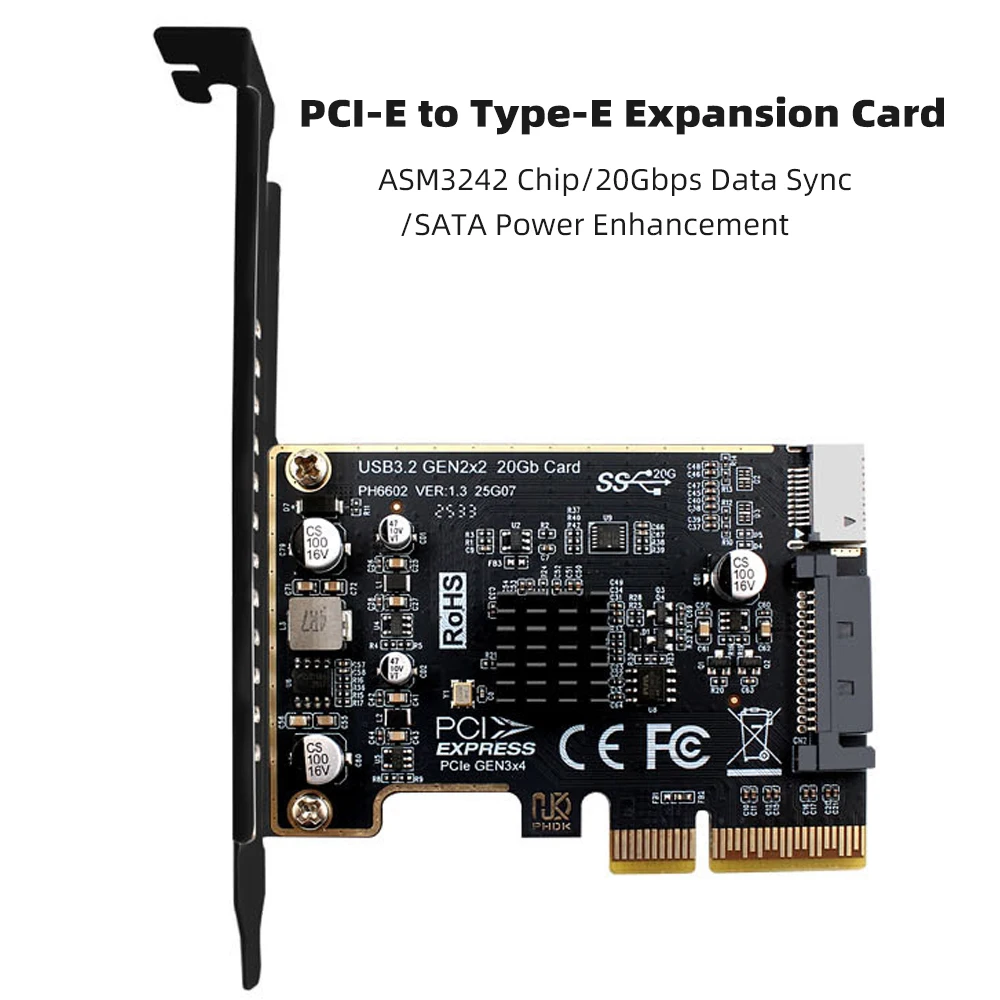 PCI-E X4 to USB 3.2 Expansion Card 20Gpbs Type E Express Card ASM3242 Chip SATA15Pin Header for Type C Front Panel Mount Adapter