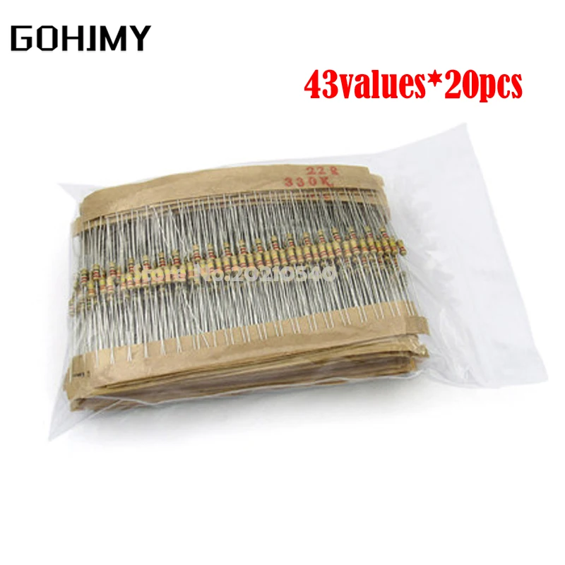 

Комплект карбоновых пленочных резисторов 1/4 Вт 860, набор резисторов в ассортименте, 43 значения * 20 шт., сопротивление 1R - 1M Ом 5% Вт, упаковка резисторов, 0,25 шт./партия