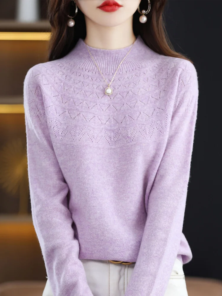 Women Long Sleeve Pullover Autumn Winter 100% Merino Wool Hollow Mock Neck Cashmere Knitted Pullover Female Clothing Basic Tops