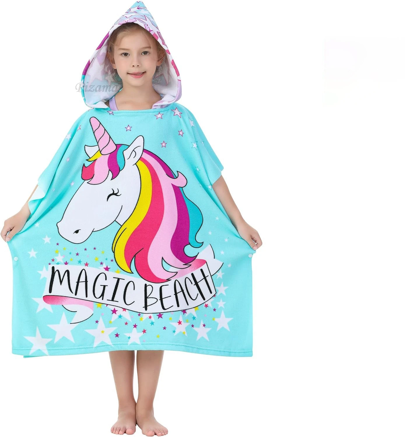 Toddler Baby Girls Unicorn Bathrobes Blue Star Print Wrap Beach Towels Quick Dry Soft Comfortable Kids Hooded Bathrobe Towels