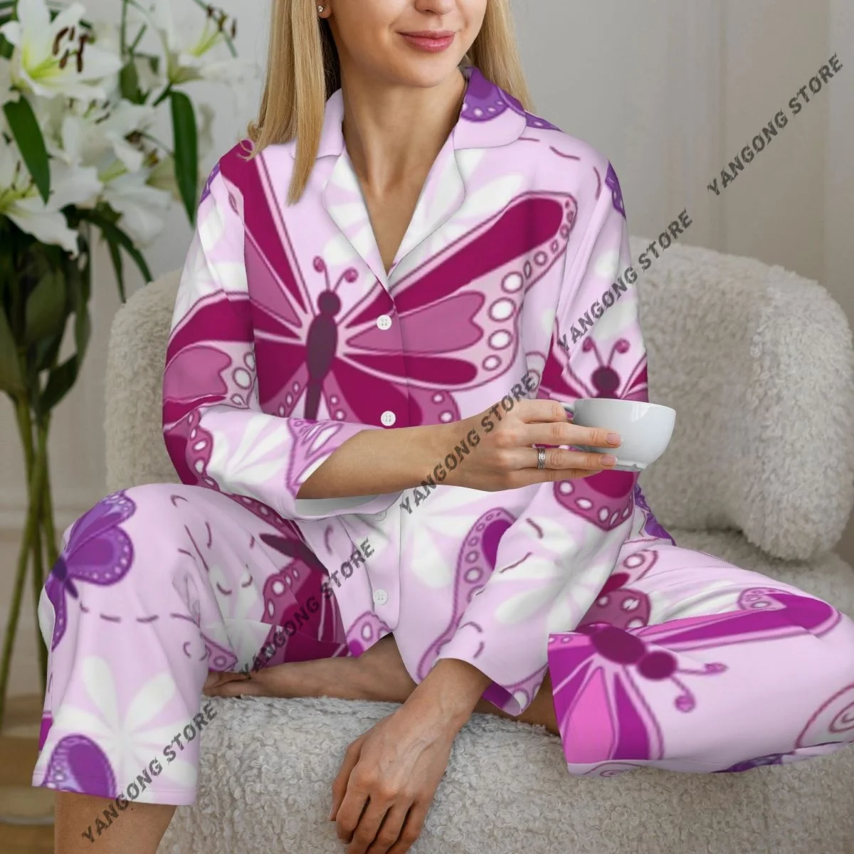 Women Sleepwear Loungewear Various Flying Butterflies Colors Hippie Long Sleeve Lapel Neck Shirt Elastic Waist Pants Pajamas Set