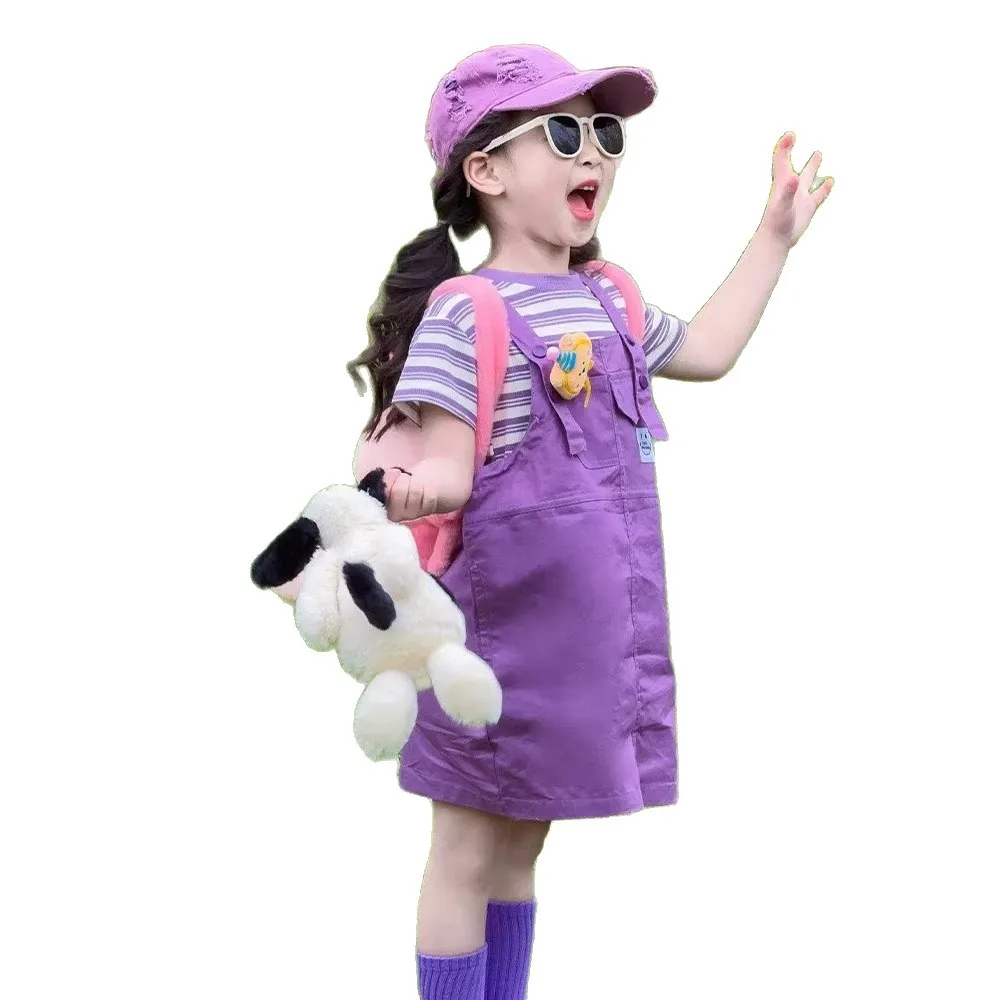 

Комплект детской одежды Bera Leader в корейском стиле для девочек: фиолетовый полосатый топ с принтом и коротким рукавом + сарафан