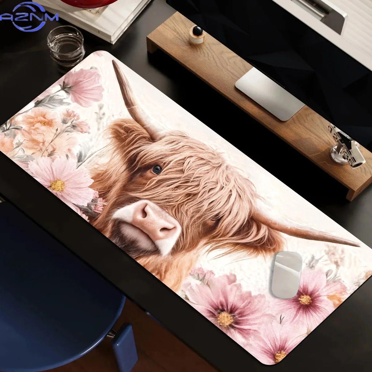 [Oversized Keyboard Mat] 1pc Oversized Keyboard Mat And Mouse Pad Featuring a Fluffy Highland Cow Against a Pink Cosmos Backgrou