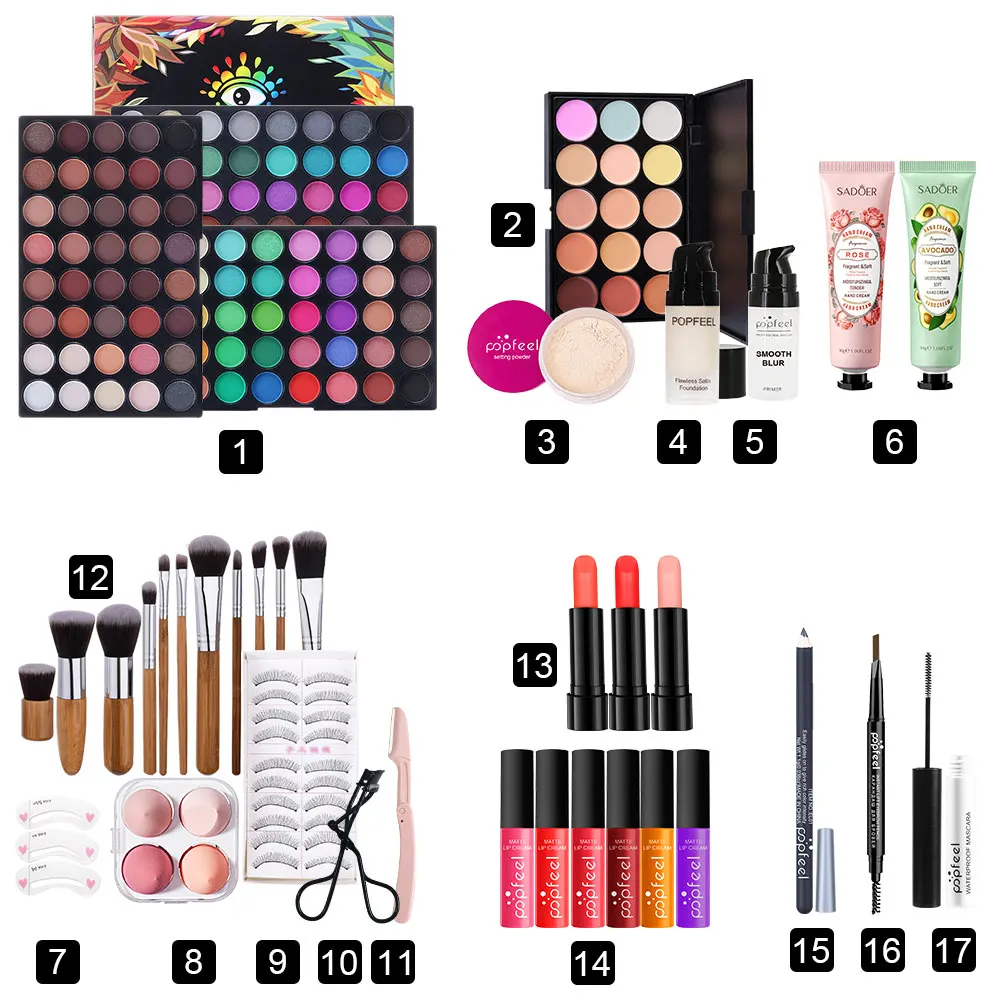 Zestaw do makeupu POPDEEL dla kobiet pełny zestaw, zestaw prezent świąteczny do makijażu All-in-one zawiera korektor do powiek puder do twarzy szminki