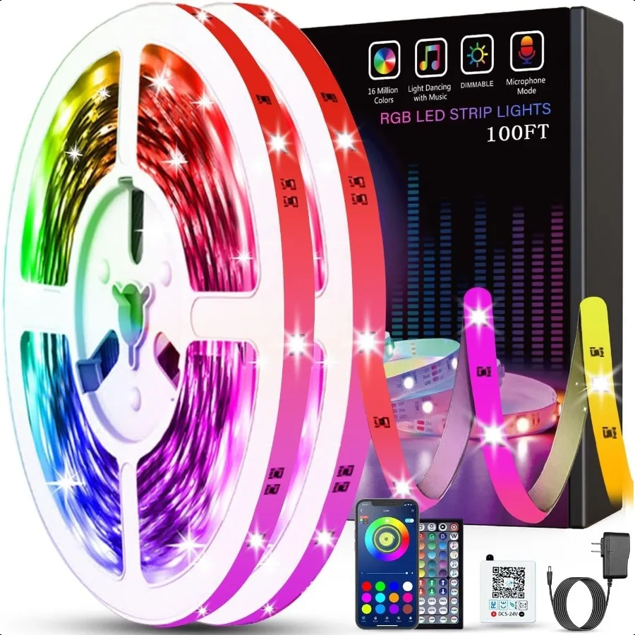

Led Lights for Bedroom 100ft 2 Rolls of 50ft Music Sync Color Changing Strip Lights with Remote and App Control RGB Strip for R
