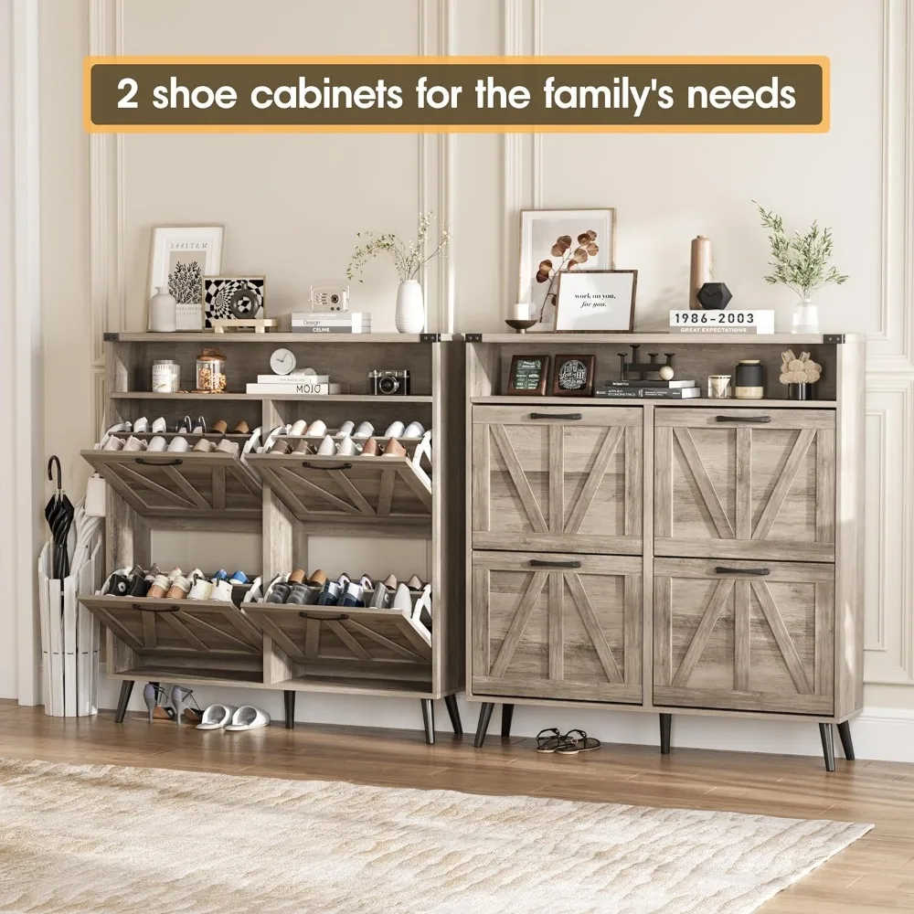 خزانة أحذية ذات طراز ريفي مع 4 أدراج، رف تخزين نحيف للمدخل، منظم رف مفتوح #4