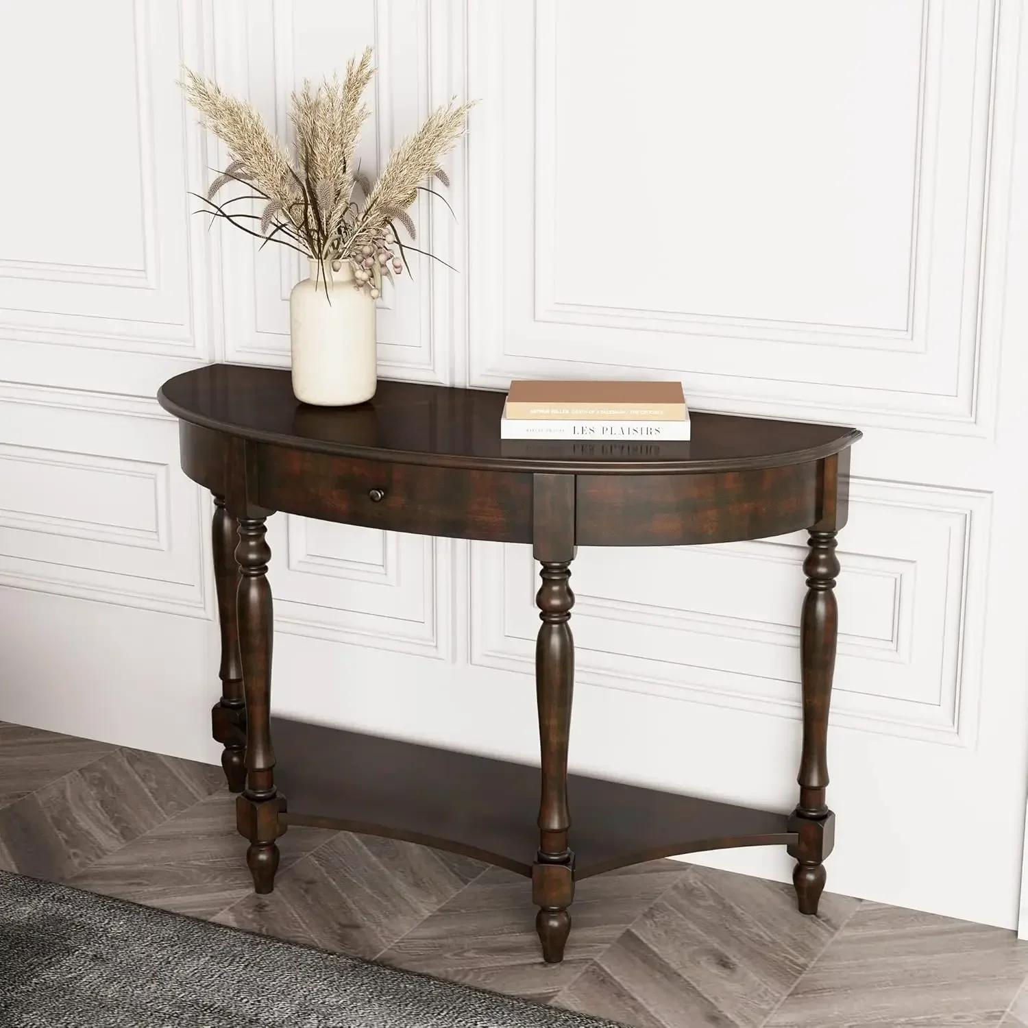 [Vente flash! Livraison gratuite! ]Table console demi-lune pour salon d'entrée, bois massif avec tiroir de rangement, Trad