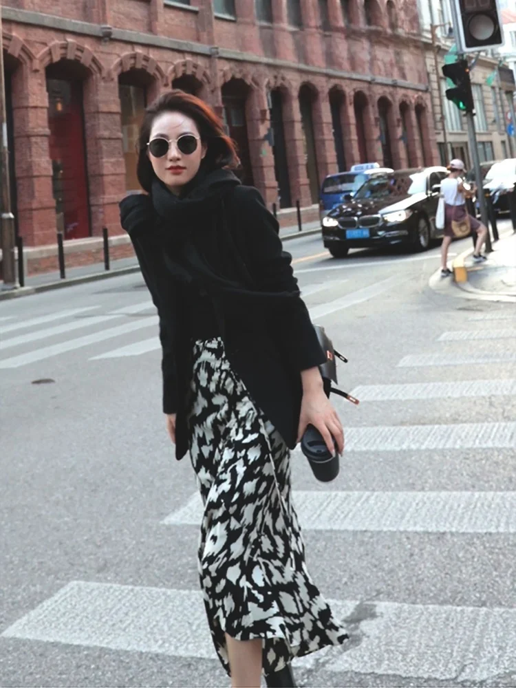 

Облегающая юбка-миди в стиле ретро с цветочным принтом для женщин, осень-зима, юбка трапециевидной формы с высокой талией, корейская юбка с хвостом