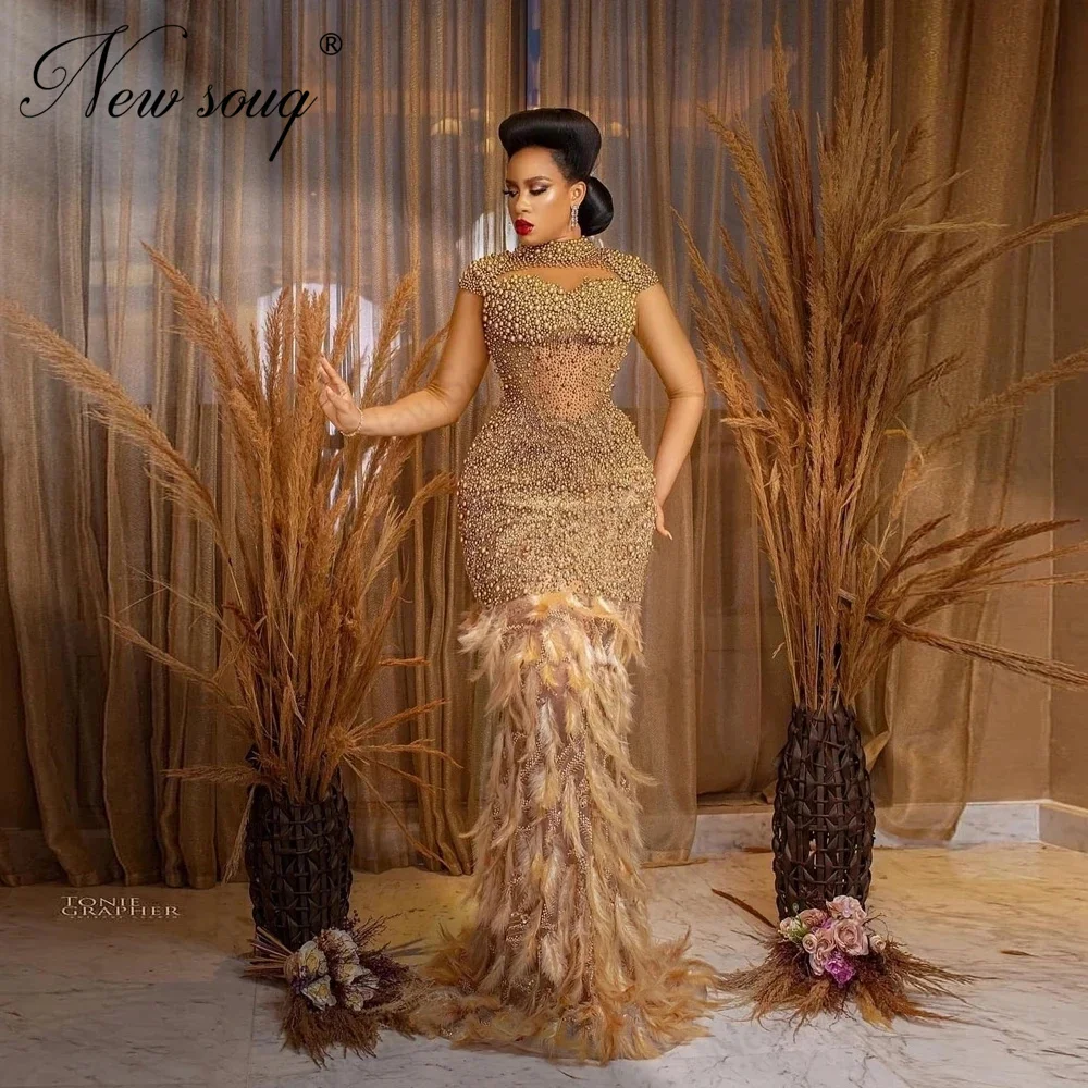 Haute Coutures Celebrity Dresses Feathers Mermaid Women Evening Dress Vestidos De Coctel 2024 Dubai Bride Party Gowns Beading