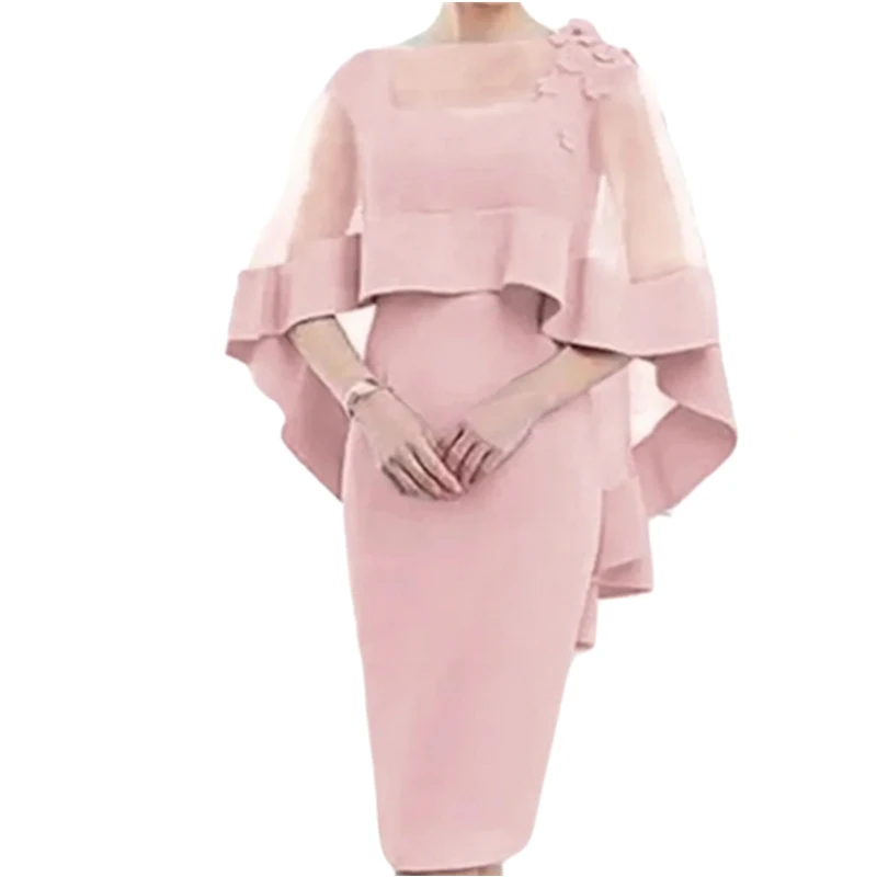 

Elegant Pink Mother Of The Bride Dresses With Shawl Sheath Knee Length Wedding Party Dress Formal Wear For Women Customized