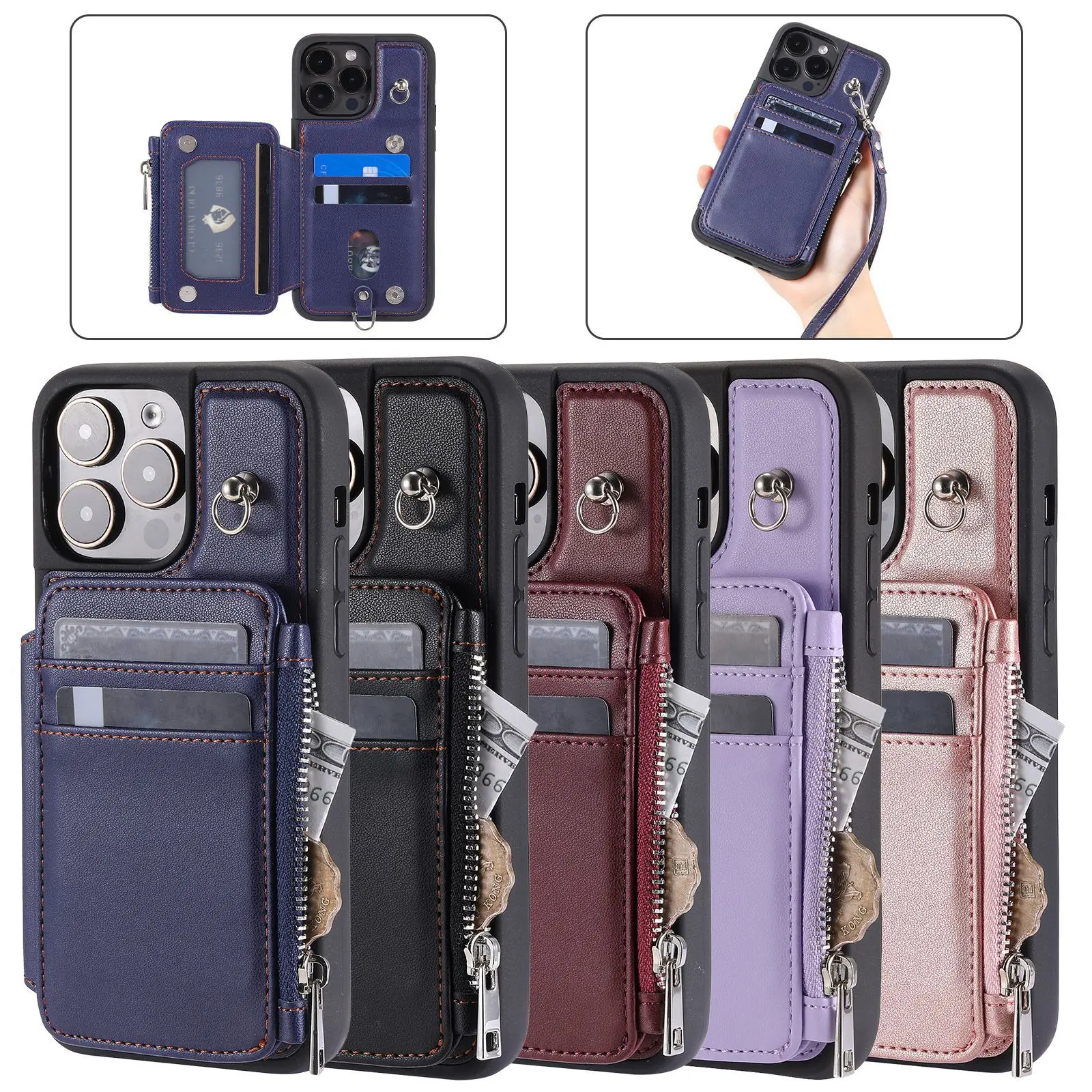 Wallet Case for iPhone 15 Series, Card Holder, RFID Blocking Phone Case with Wrist Strap, Zipper Leather Handbag