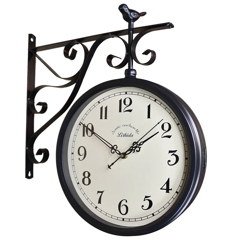 European antique silent double-sided wall clock American wrought iron two-sided clock Nordic simple and creative living room
