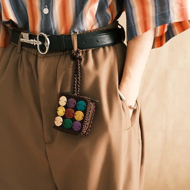 Retro Niche Mini Square Zipper Woven Button Niche Coin Purse Headphone Protective Case Retro Matching