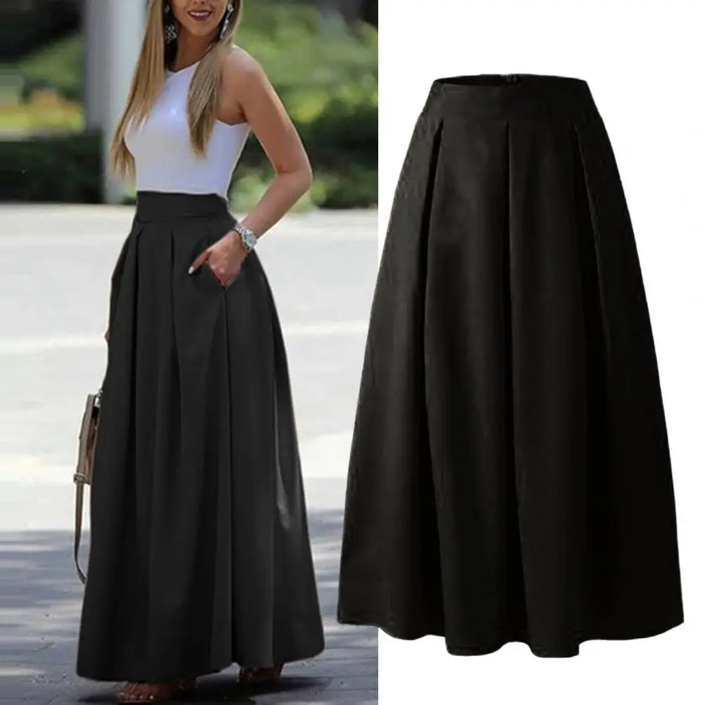 Chic OL Style Friendly to Skin Pleated Women Fall Spring Skirt Pockets Solid Color Women Fall Spring Skirt Women Clothes