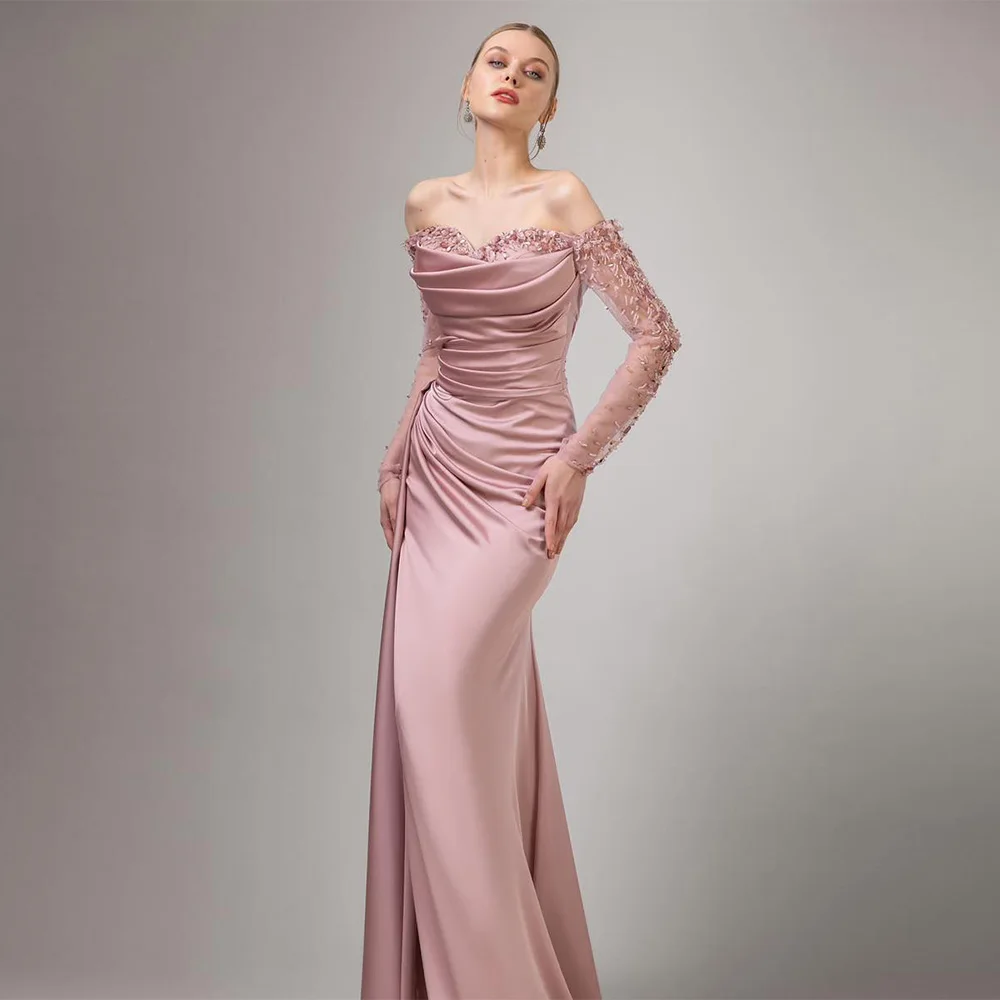 Pink Evening Dress Customized Long Sleeves Sweetheart Beading Sequin Pleat High Slit Satin Mermaid Prom Gown Party Dresses