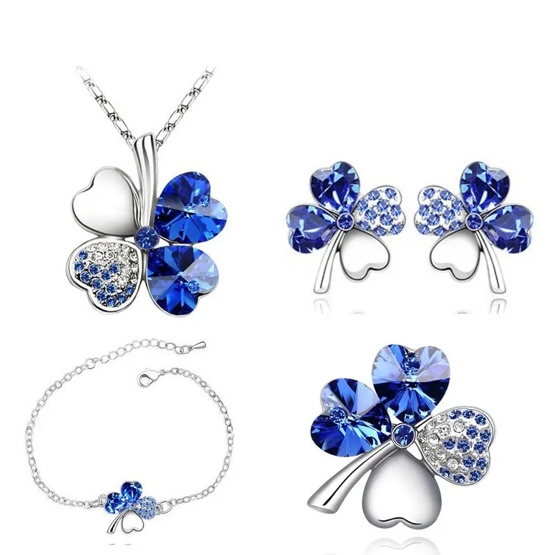 Crystal Clover 4 Leaf heart fashion jewelry set dropshipping Necklace earrings bracelet brooch charm girl quality birthday gifts