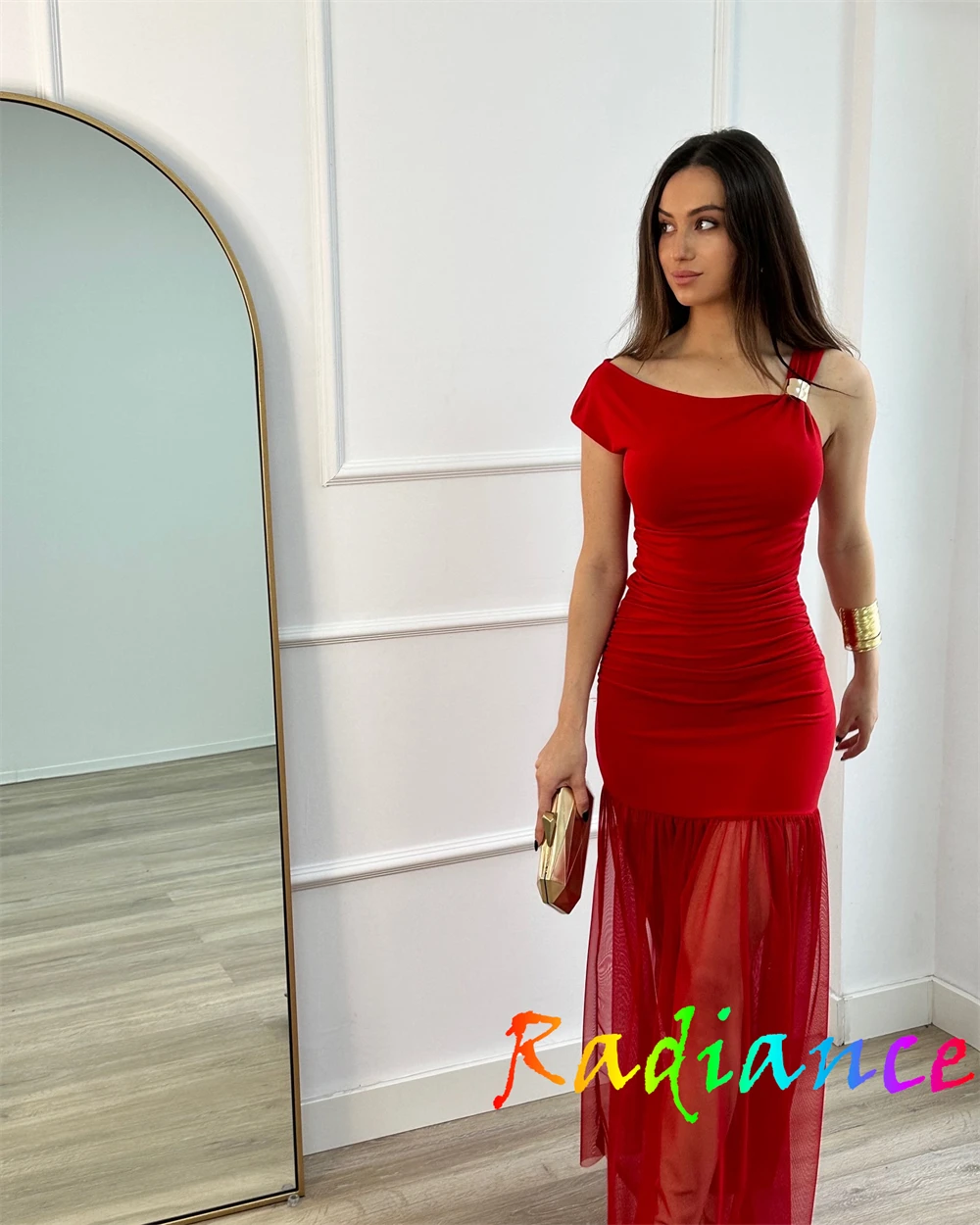فستان سهرة مخصص شفاف من التول الأحمر، فستان رقيق بكتف واحد بدون أكمام لحفلات العودة للوطن، فساتين مناسبة خاصة فاخرة