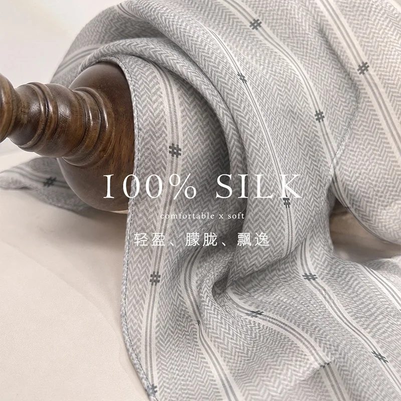 Lightweight 100% Mulberry Silk Scarf Grey Pattern Print Neckerchief For Women Silky Smooth Hair Scarf Shawl Wrap Gift For Her