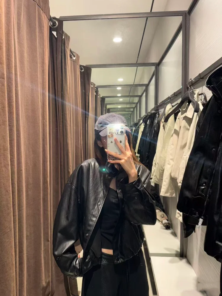 خريف 2025 ملابس خارجية فضفاضة للسيدات عالية من جلد البولي يوريثان ملابس خارجية فضفاضة دافئة ريترو Sle طويلة Sve سحاب إغلاق اللون #4