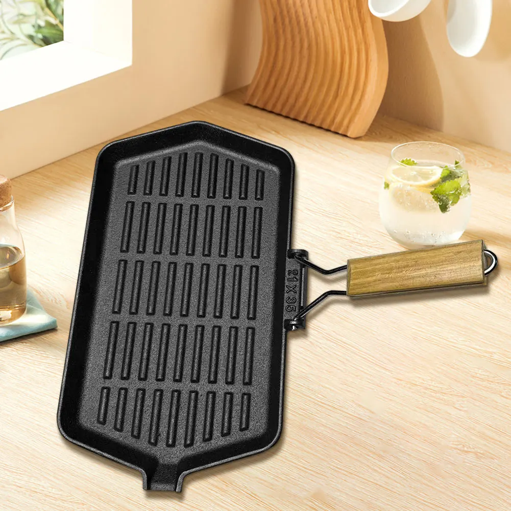 

34X19cm Cast Iron Grill Pan Rectangular Steak Pan with Handle for Induction Cooker for Outdoor Hiking Picnic Cooking