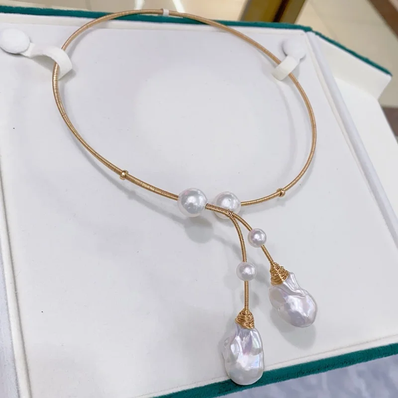 

SGARIT Real 14K Gold Filled Short Choker Chain Natural Baroque Pearl Handmade Collar Necklace SN29
