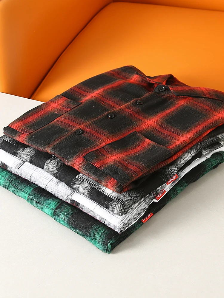 Retro Hong Kong Style! Classic Versatile! Autumn Men's Fleece Long Sleeve Plaid Casual Shirt Fashionable Standard Fit Standard